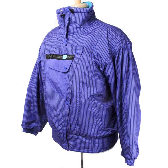 Vintage PROFILE Purple/Blue & Black Striped Retro Puffer Ski Snow Jacket - Picture 2 of 7